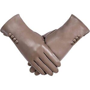 New PU Leather Gloves Touchscreen Wool Lined Khaki Women